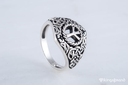 Viking Ornament Ring with Algiz Rune Sterling Silver Jewelry