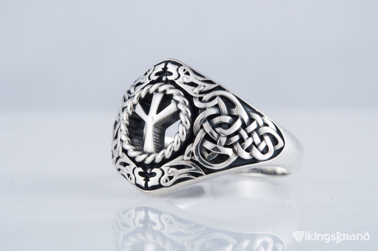 Viking Ornament Ring with Algiz Rune Sterling Silver Jewelry