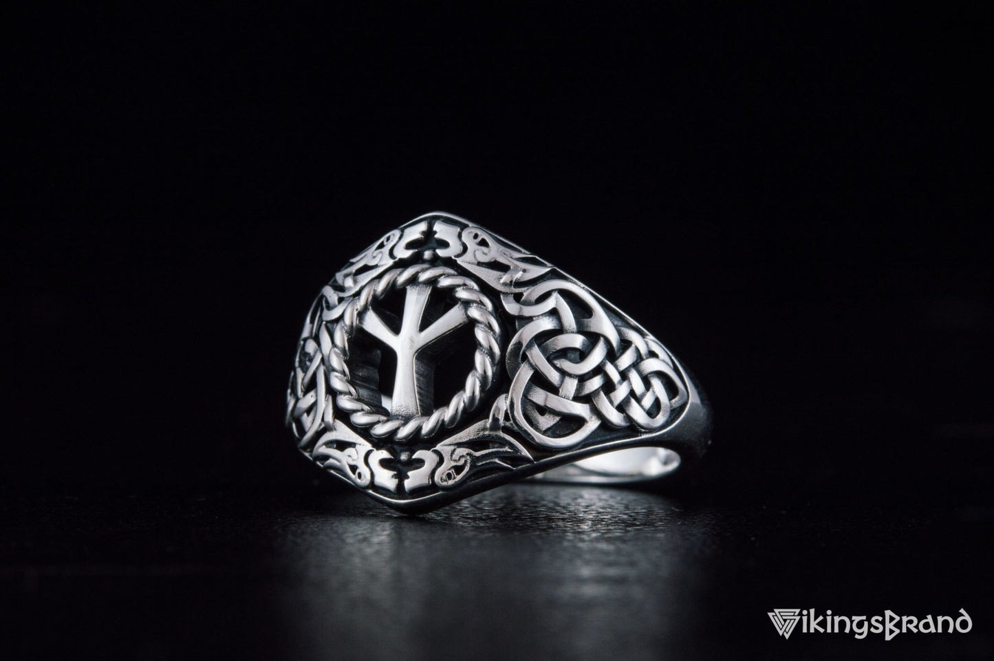 Viking Ornament Ring with Algiz Rune Sterling Silver Jewelry