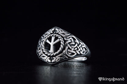 Viking Ornament Ring with Algiz Rune Sterling Silver Jewelry