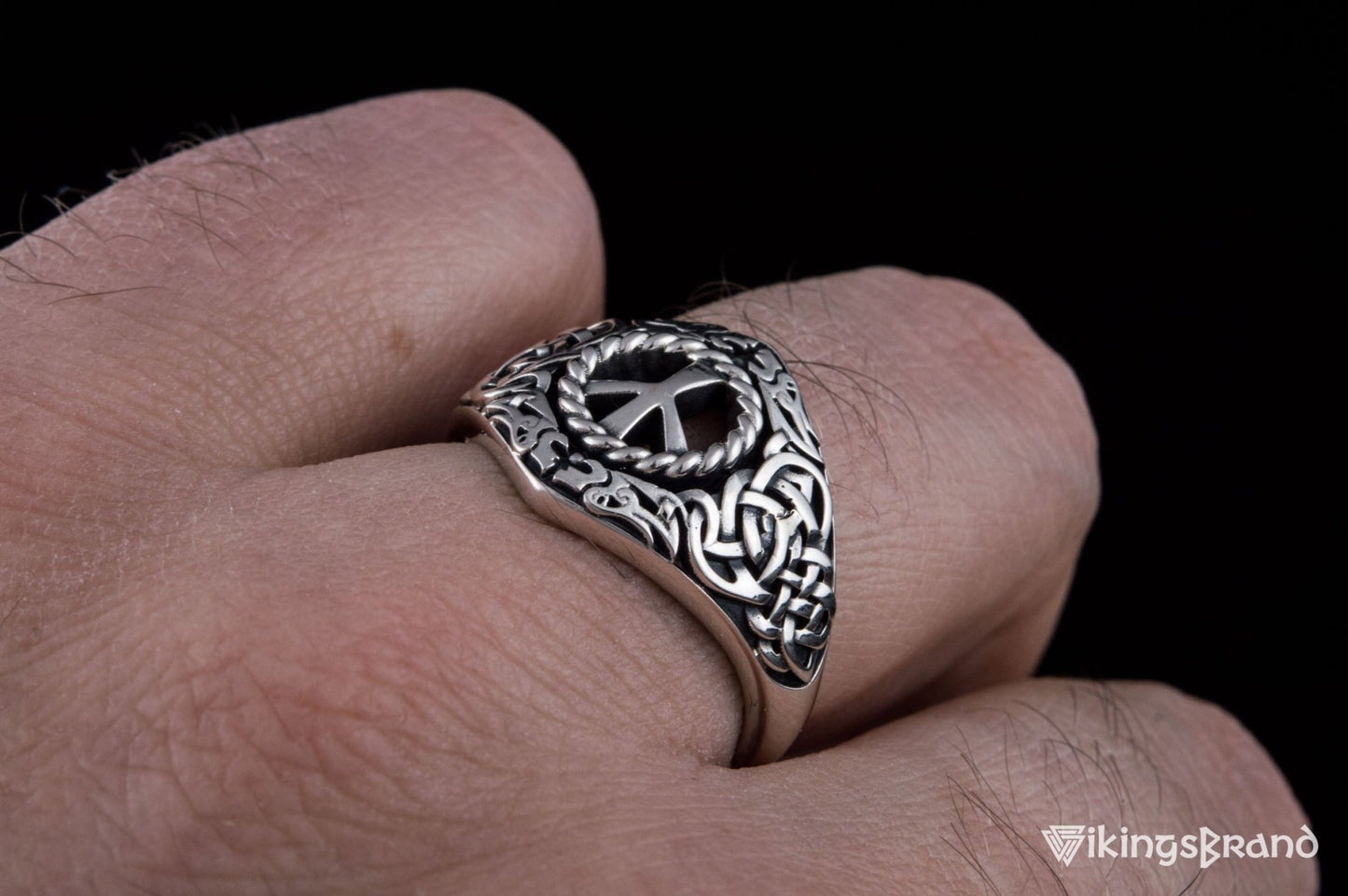 Viking Ornament Ring with Algiz Rune Sterling Silver Jewelry
