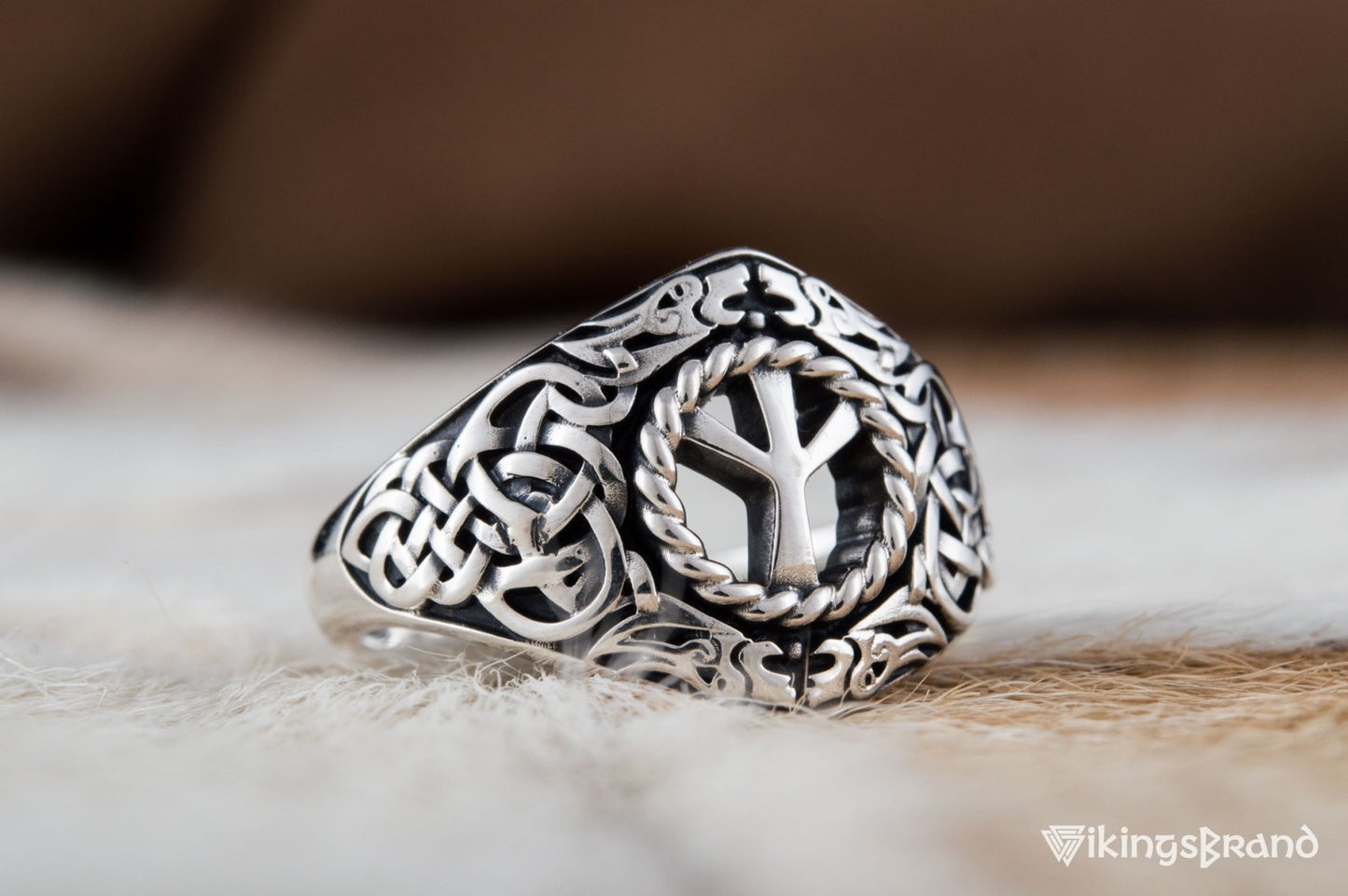 Viking Ornament Ring with Algiz Rune Sterling Silver Jewelry