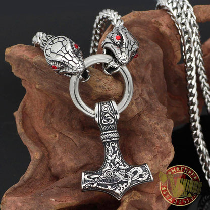 Viking Ouroboros Head Necklace with Mjolnir Stainless Steel - VikingsBrand