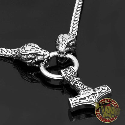 Viking Ouroboros Head Necklace with Mjolnir Stainless Steel - VikingsBrand