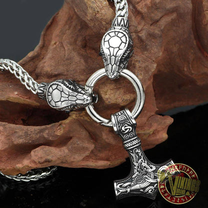 Viking Ouroboros Head Necklace with Mjolnir Stainless Steel - VikingsBrand