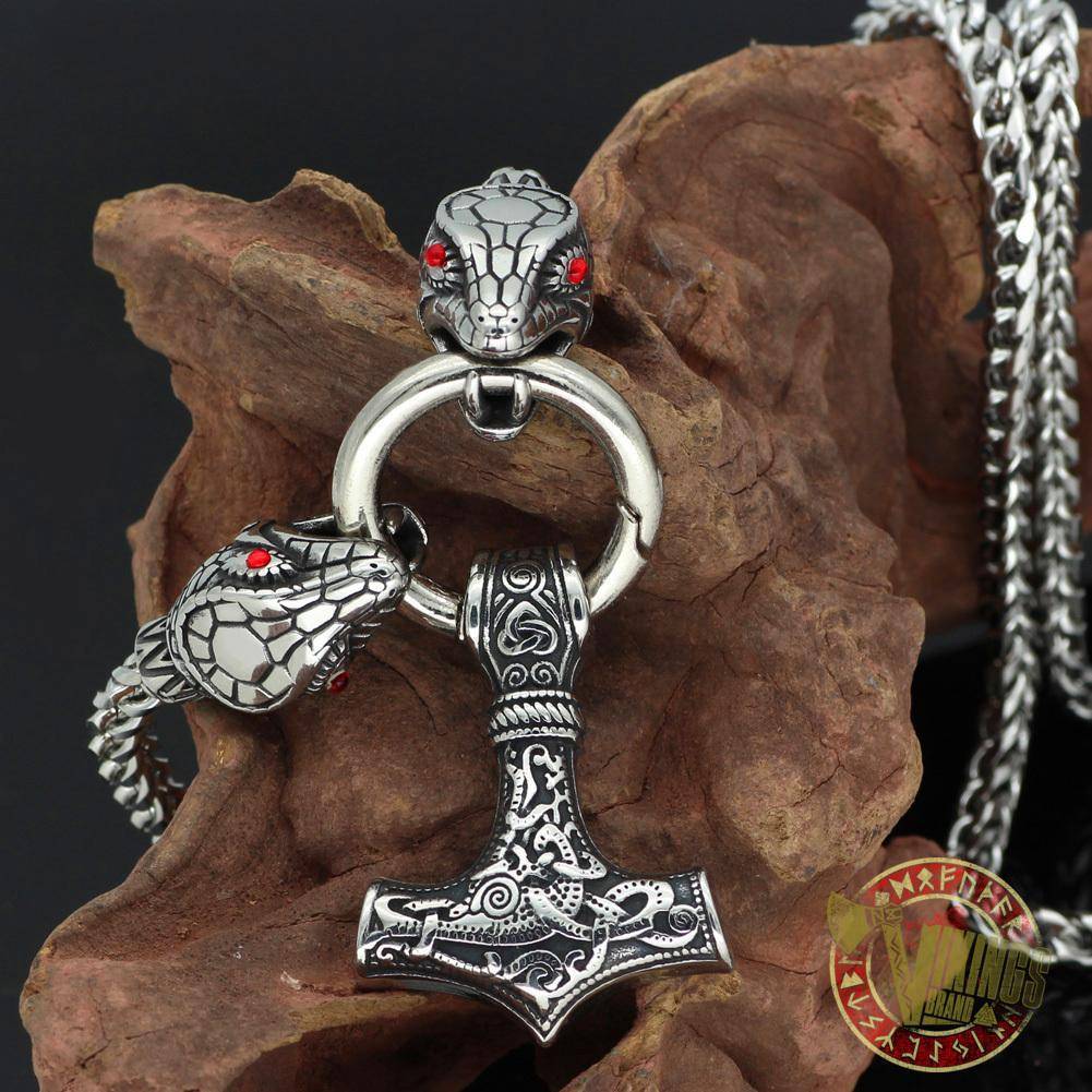 Viking Ouroboros Head Necklace with Mjolnir Stainless Steel - VikingsBrand