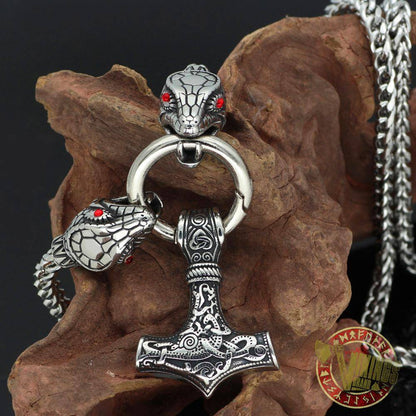 Viking Ouroboros Head Necklace with Mjolnir Stainless Steel - VikingsBrand