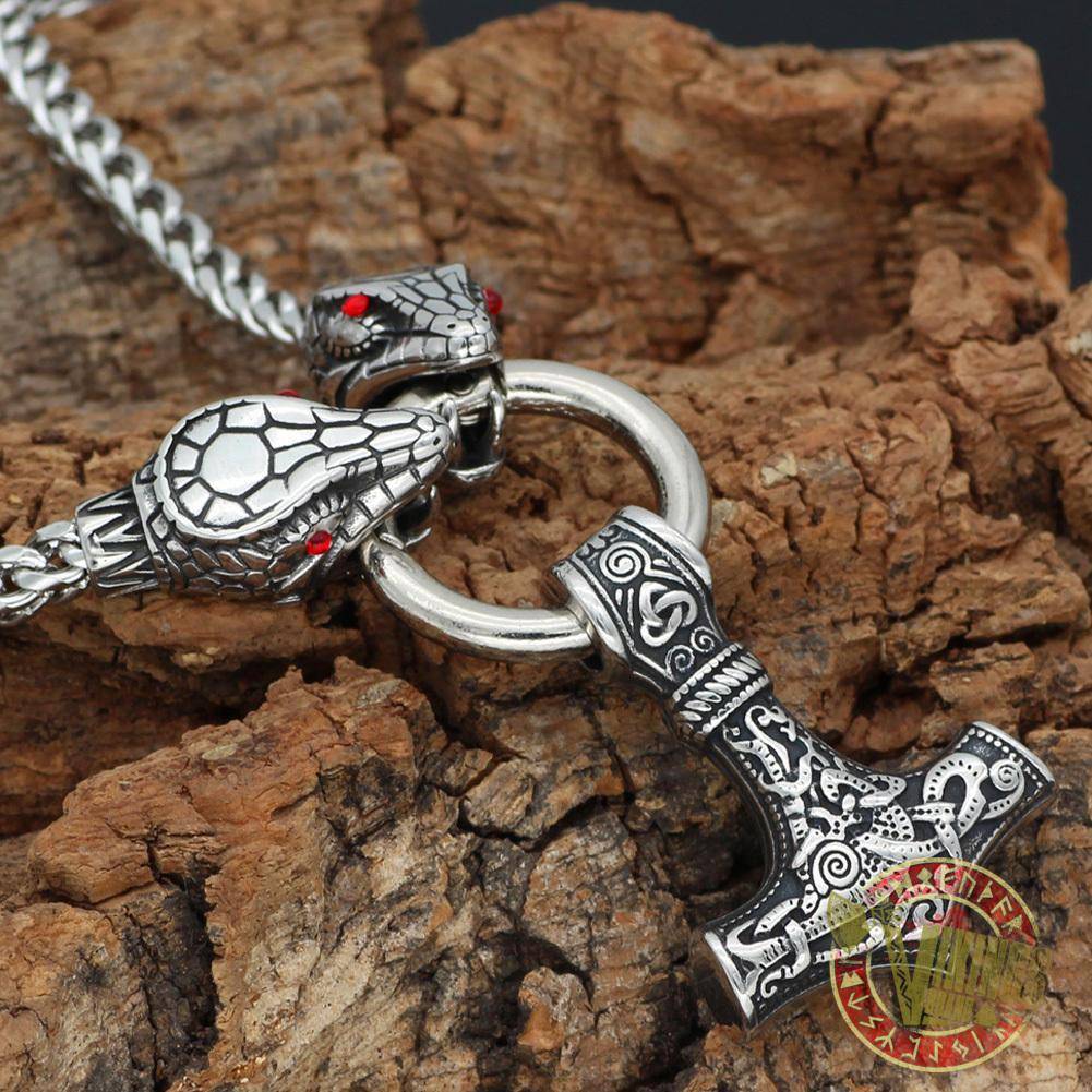 Viking Ouroboros Head Necklace with Mjolnir Stainless Steel - VikingsBrand
