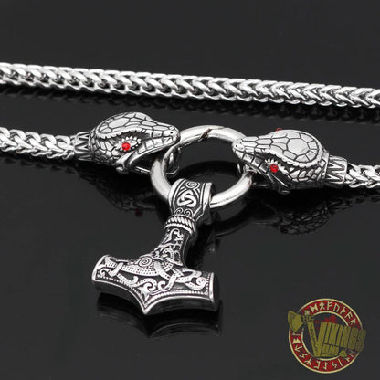 Viking Ouroboros Head Necklace with Mjolnir Stainless Steel - VikingsBrand