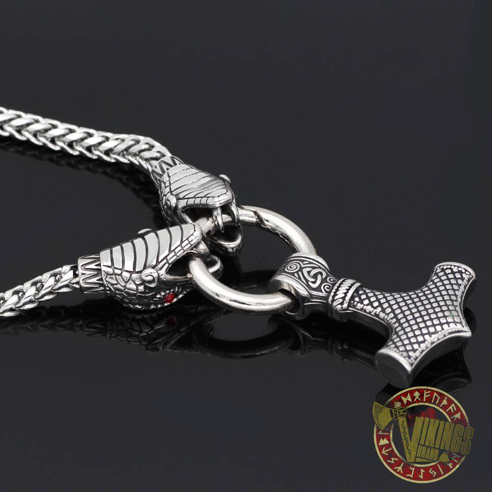 Viking Ouroboros Head Necklace with Mjolnir Stainless Steel - VikingsBrand
