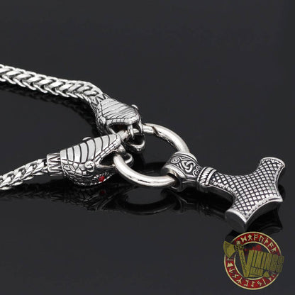 Viking Ouroboros Head Necklace with Mjolnir Stainless Steel - VikingsBrand
