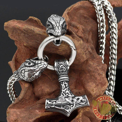 Viking Ouroboros Head Necklace with Mjolnir Stainless Steel - VikingsBrand