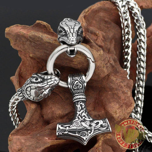 Viking Ouroboros Head Necklace with Mjolnir Stainless Steel - VikingsBrand