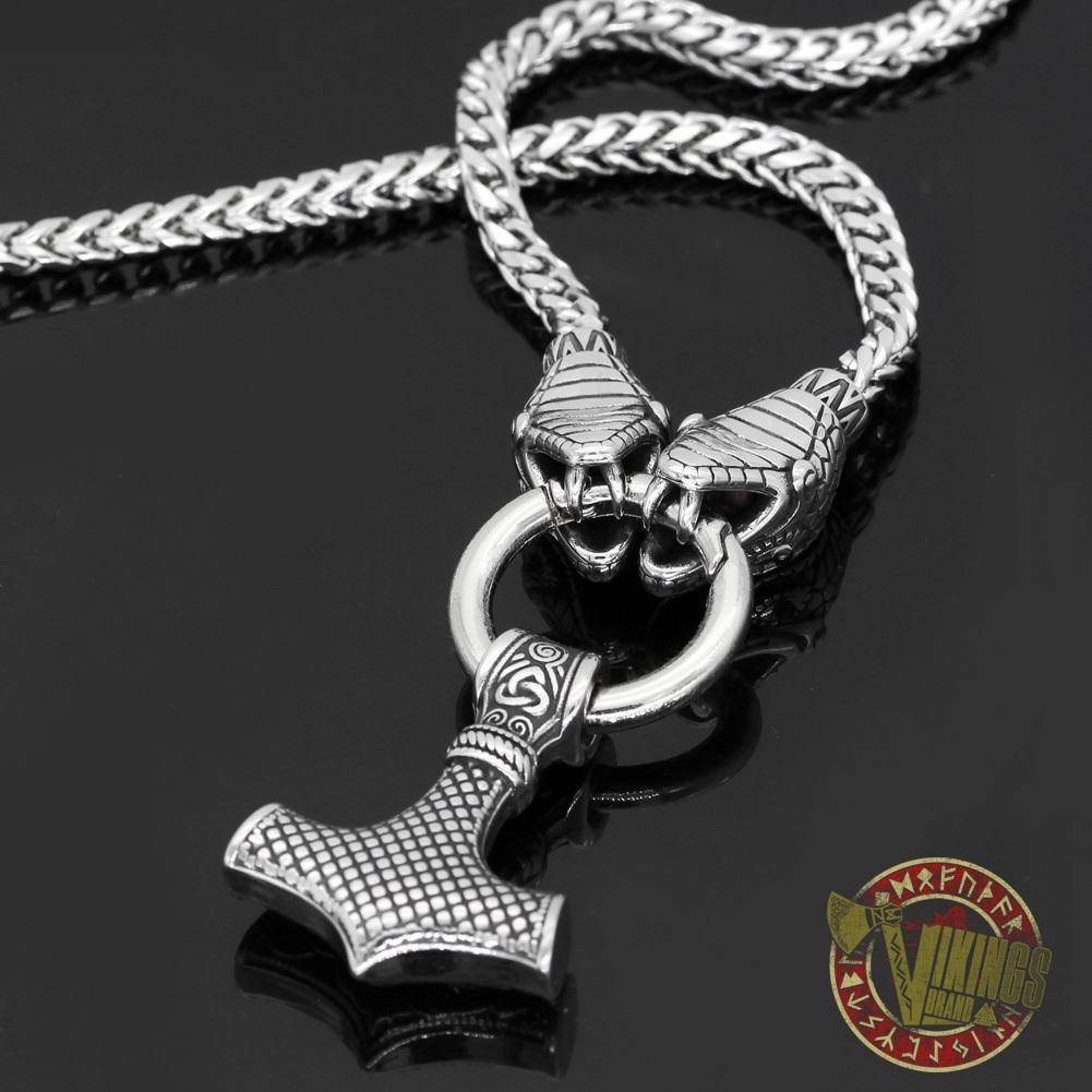 Viking Ouroboros Head Necklace with Mjolnir Stainless Steel - VikingsBrand