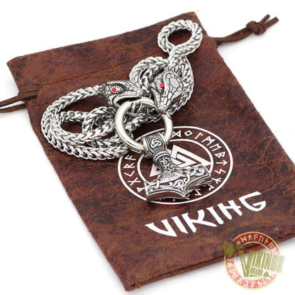 Viking Ouroboros Head Necklace with Mjolnir Stainless Steel - VikingsBrand