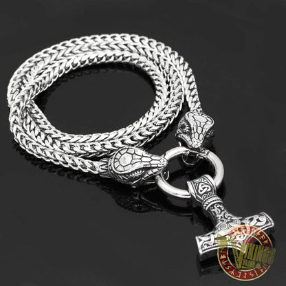 Viking Ouroboros Head Necklace with Mjolnir Stainless Steel - VikingsBrand