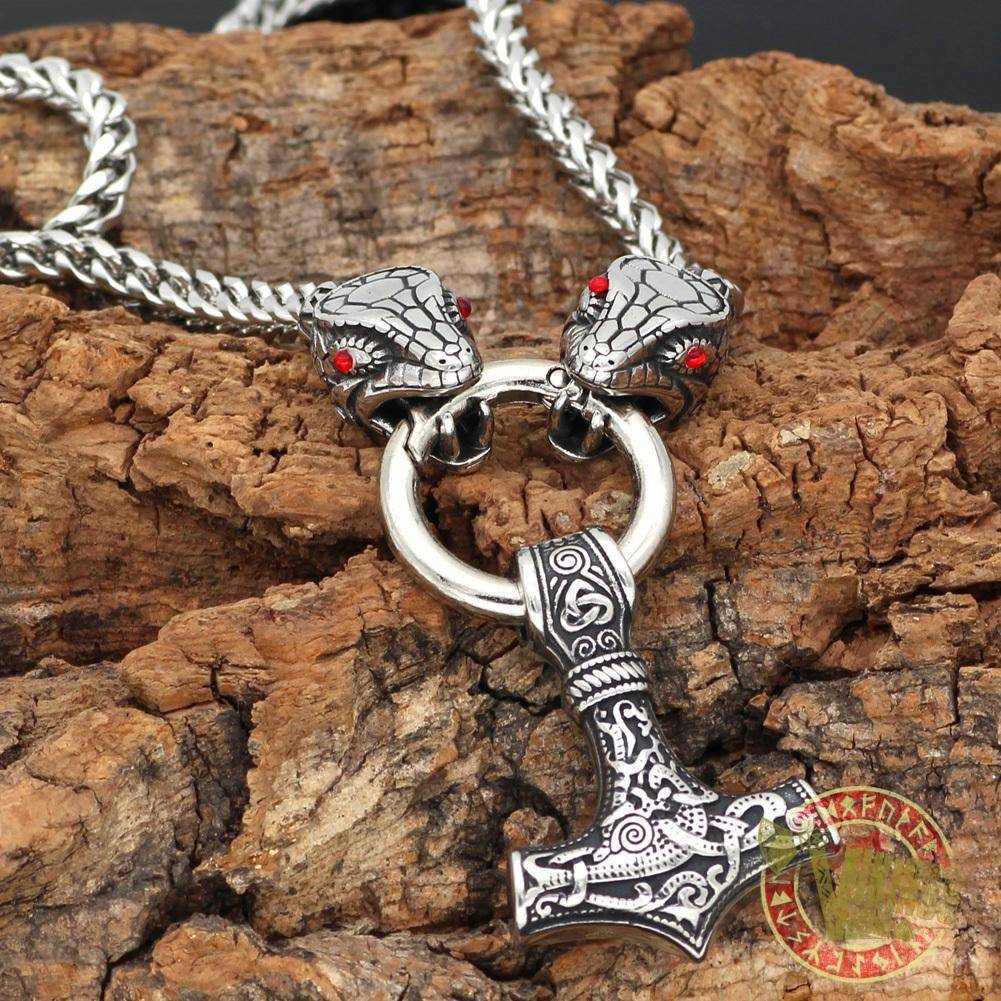 Viking Ouroboros Head Necklace with Mjolnir Stainless Steel - VikingsBrand