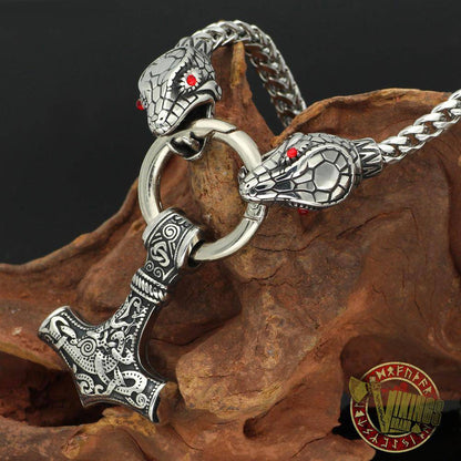 Viking Ouroboros Head Necklace with Mjolnir Stainless Steel - VikingsBrand