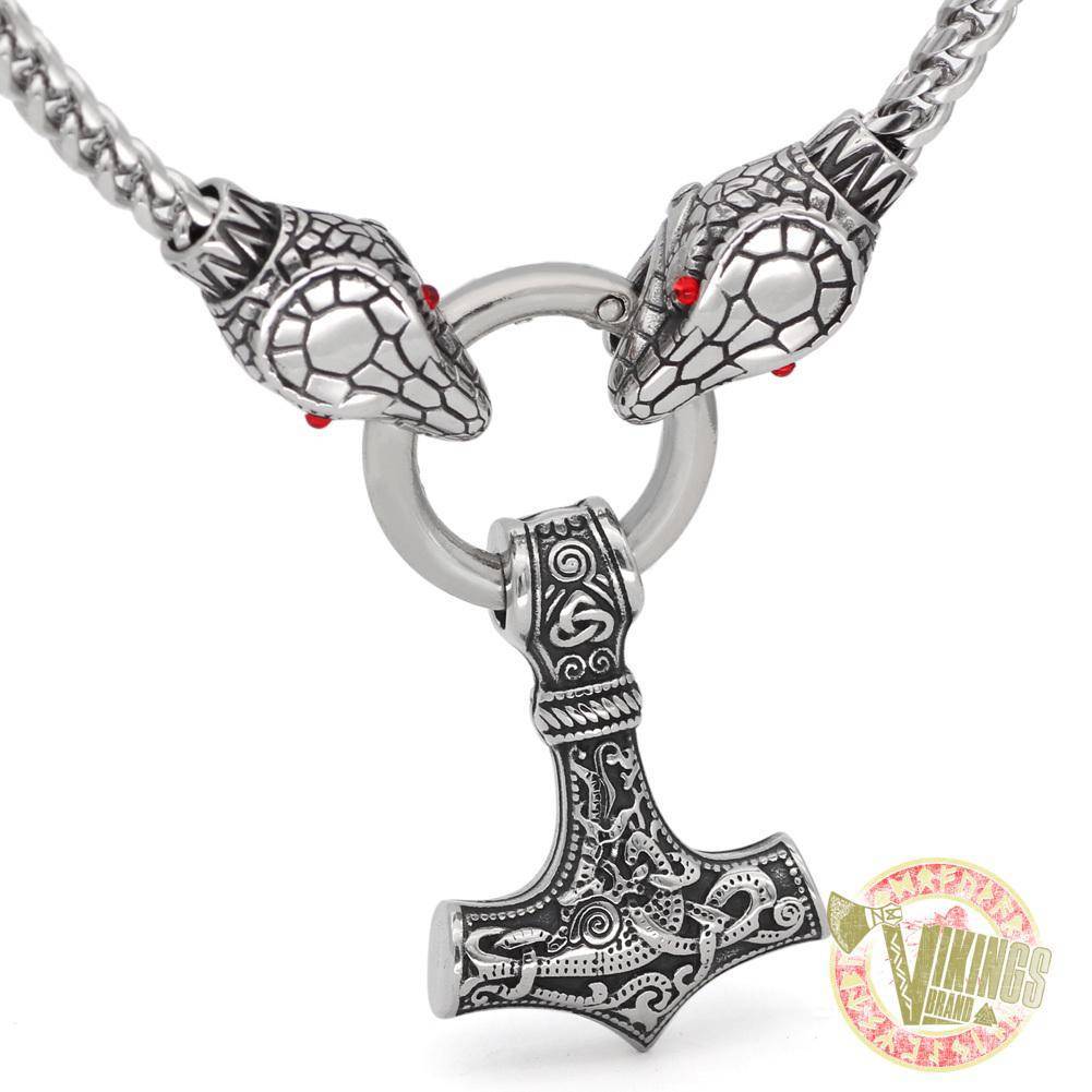 Viking Ouroboros Head Necklace with Mjolnir Stainless Steel - VikingsBrand