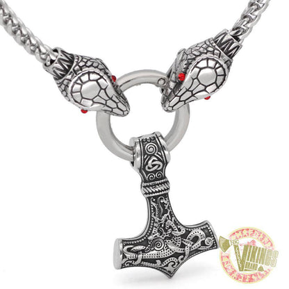Viking Ouroboros Head Necklace with Mjolnir Stainless Steel - VikingsBrand