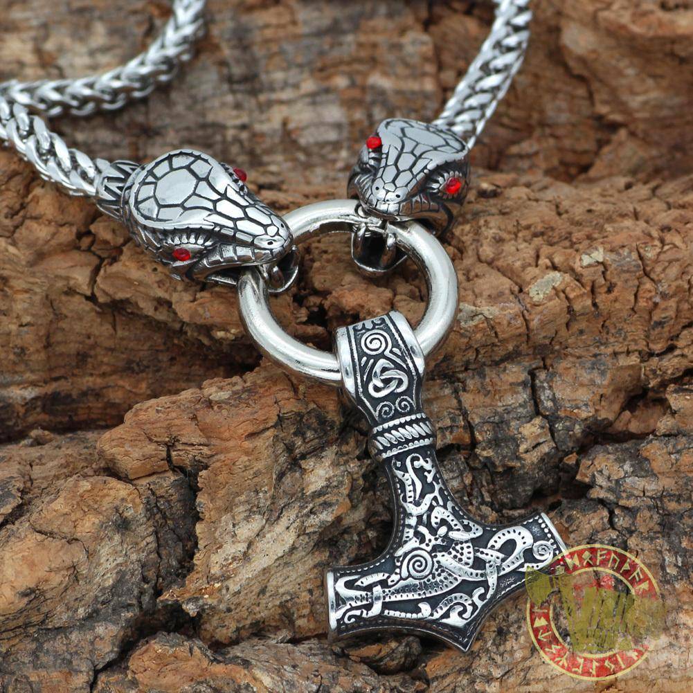 Viking Ouroboros Head Necklace with Mjolnir Stainless Steel - VikingsBrand