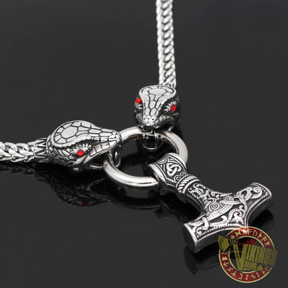 Viking Ouroboros Head Necklace with Mjolnir Stainless Steel - VikingsBrand