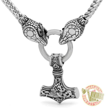 Viking Ouroboros Head Necklace with Mjolnir Stainless Steel - VikingsBrand