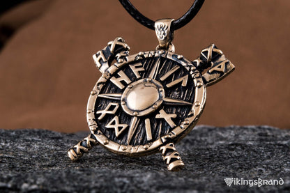 Viking Shield with Axes and Runes Bronze Pendant Viking Jewelry