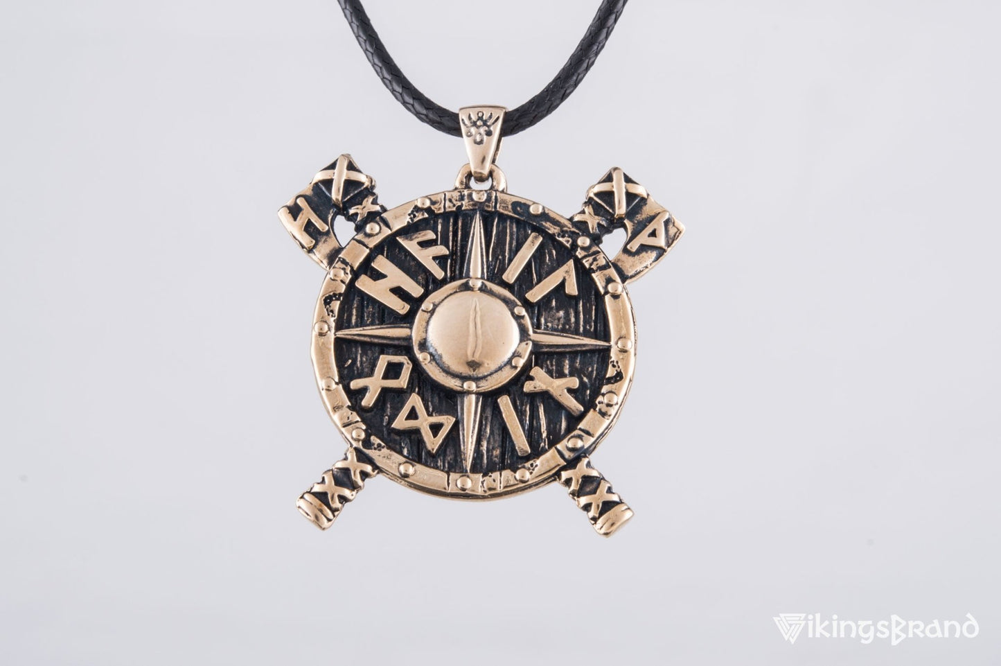 Viking Shield with Axes and Runes Bronze Pendant Viking Jewelry