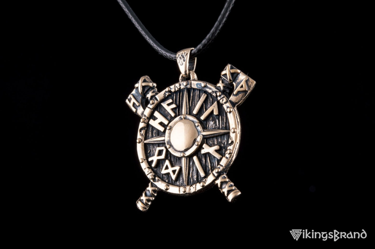 Viking Shield with Axes and Runes Bronze Pendant Viking Jewelry