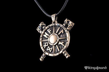 Viking Shield with Axes and Runes Bronze Pendant Viking Jewelry