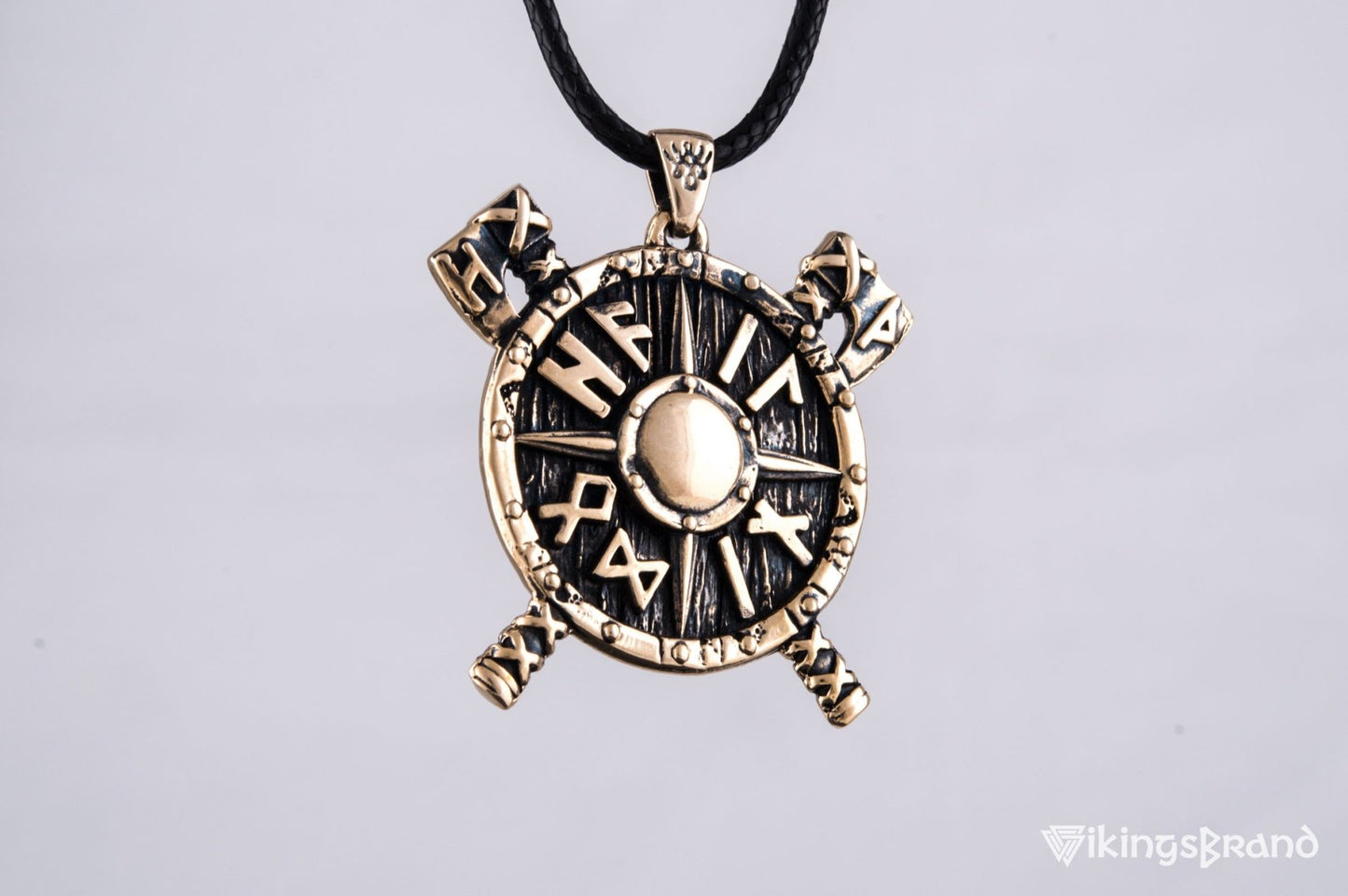 Viking Shield with Axes and Runes Bronze Pendant Viking Jewelry