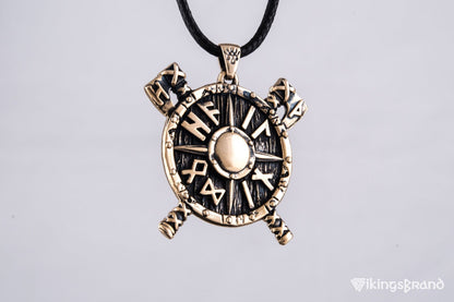Viking Shield with Axes and Runes Bronze Pendant Viking Jewelry