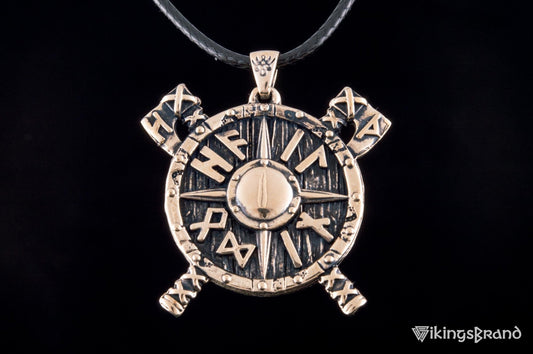 Viking Shield with Axes and Runes Bronze Pendant Viking Jewelry