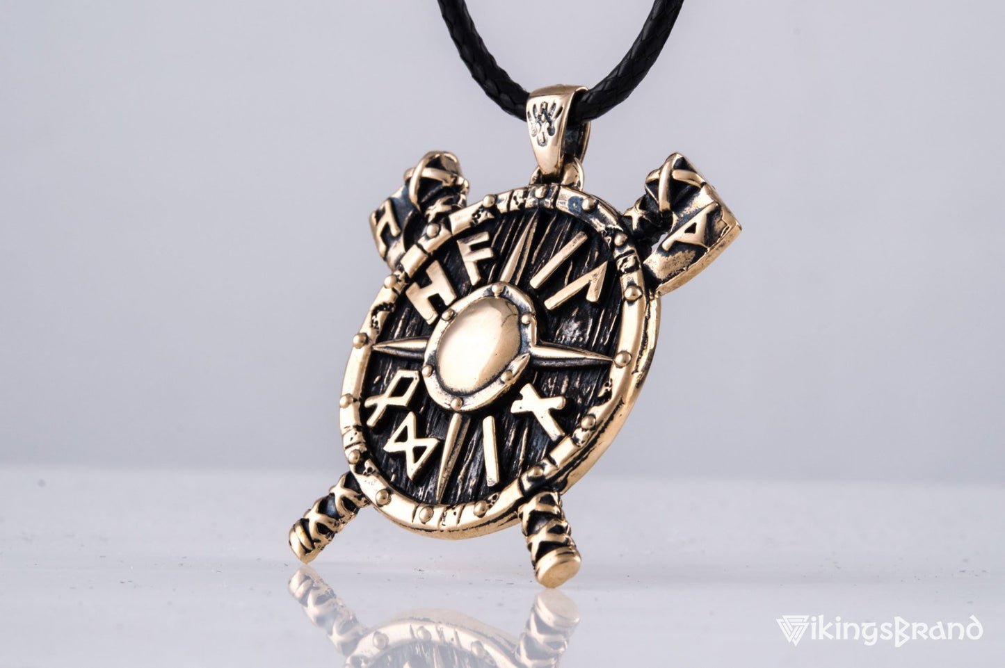 Viking Shield with Axes and Runes Bronze Pendant Viking Jewelry