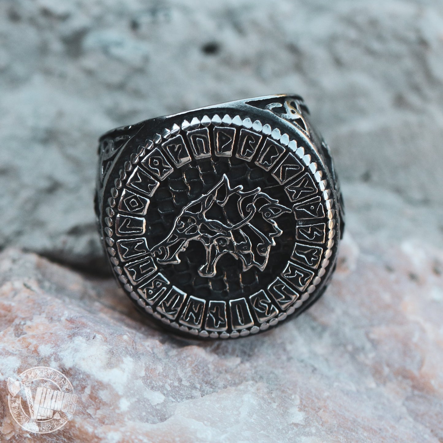 Viking Wolf Fenrir Stainless Steel Ring with Runic Circle - VikingsBrand