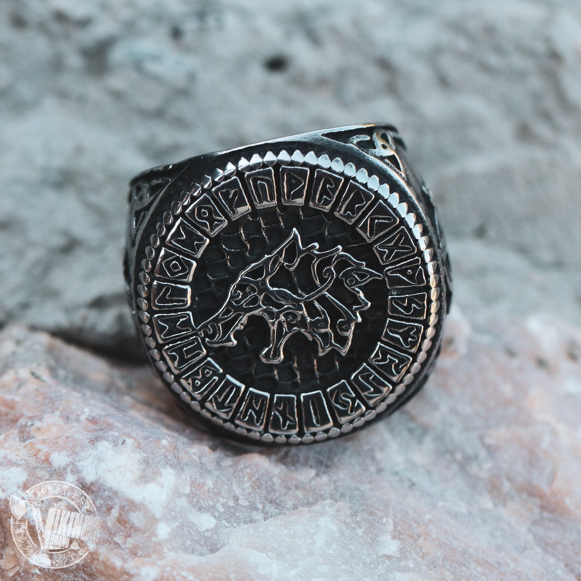 Viking Wolf Fenrir Stainless Steel Ring with Runic Circle - VikingsBrand