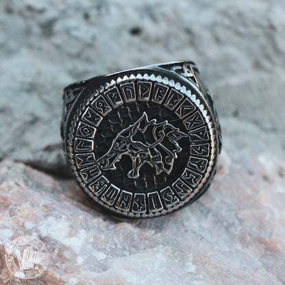 Viking Wolf Fenrir Stainless Steel Ring with Runic Circle - VikingsBrand