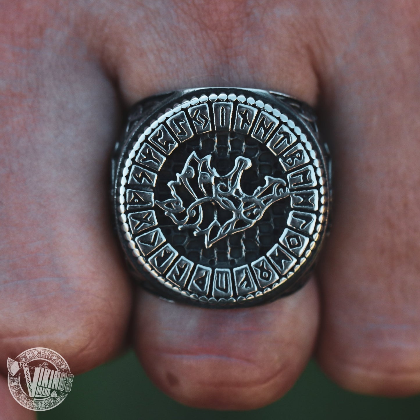 Viking Wolf Fenrir Stainless Steel Ring with Runic Circle - VikingsBrand