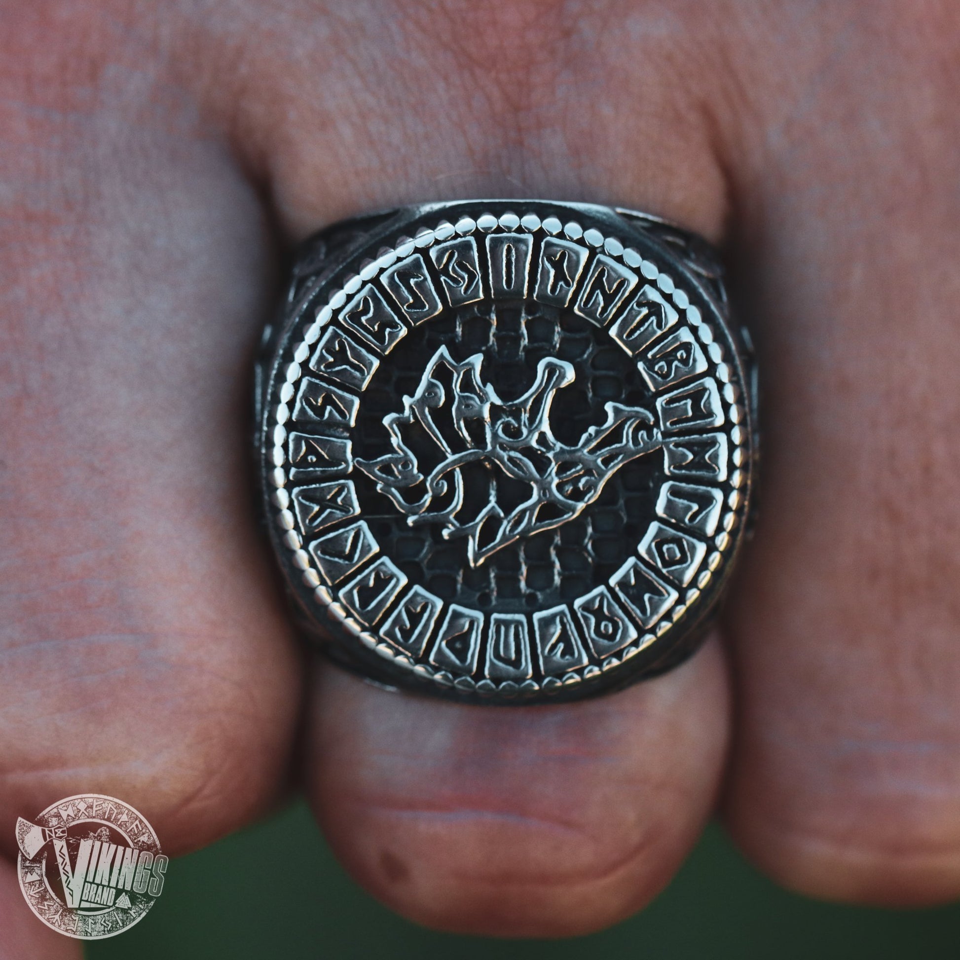 Viking Wolf Fenrir Stainless Steel Ring with Runic Circle - VikingsBrand