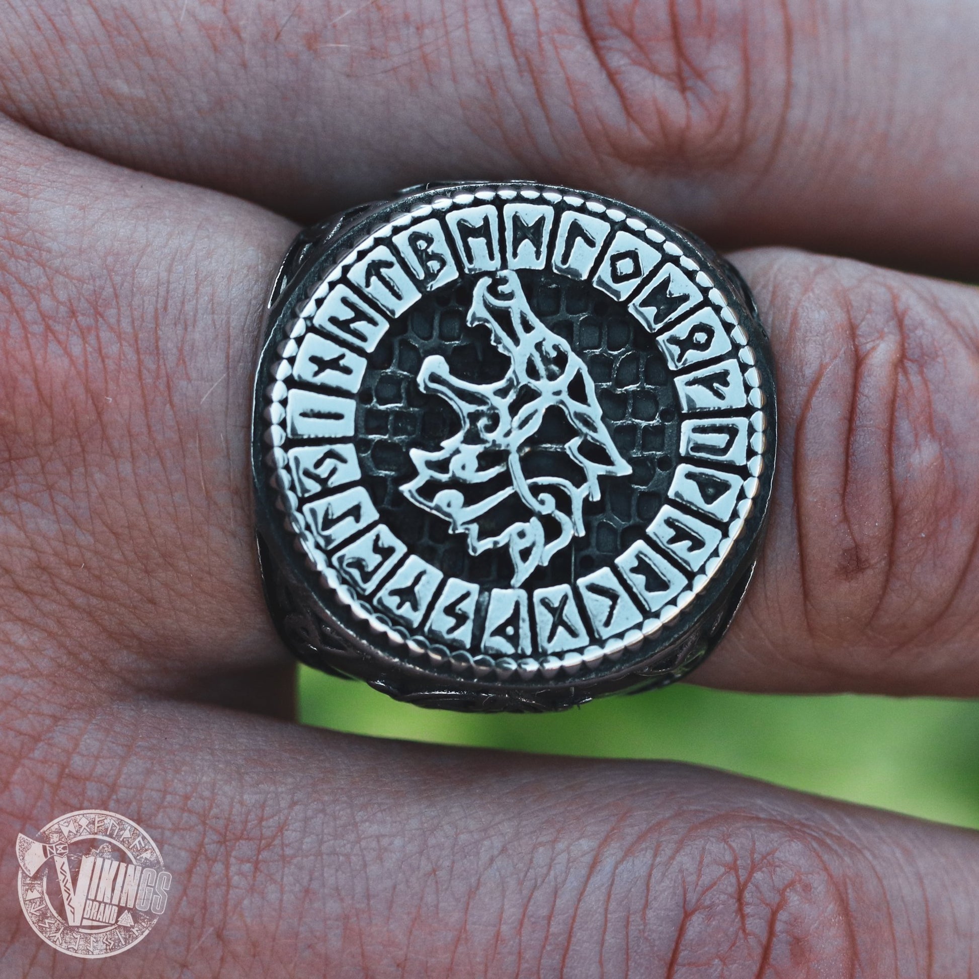Viking Wolf Fenrir Stainless Steel Ring with Runic Circle - VikingsBrand