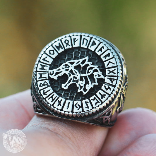 Viking Wolf Fenrir Stainless Steel Ring with Runic Circle - VikingsBrand