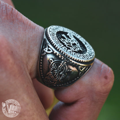 Viking Wolf Fenrir Stainless Steel Ring with Runic Circle - VikingsBrand