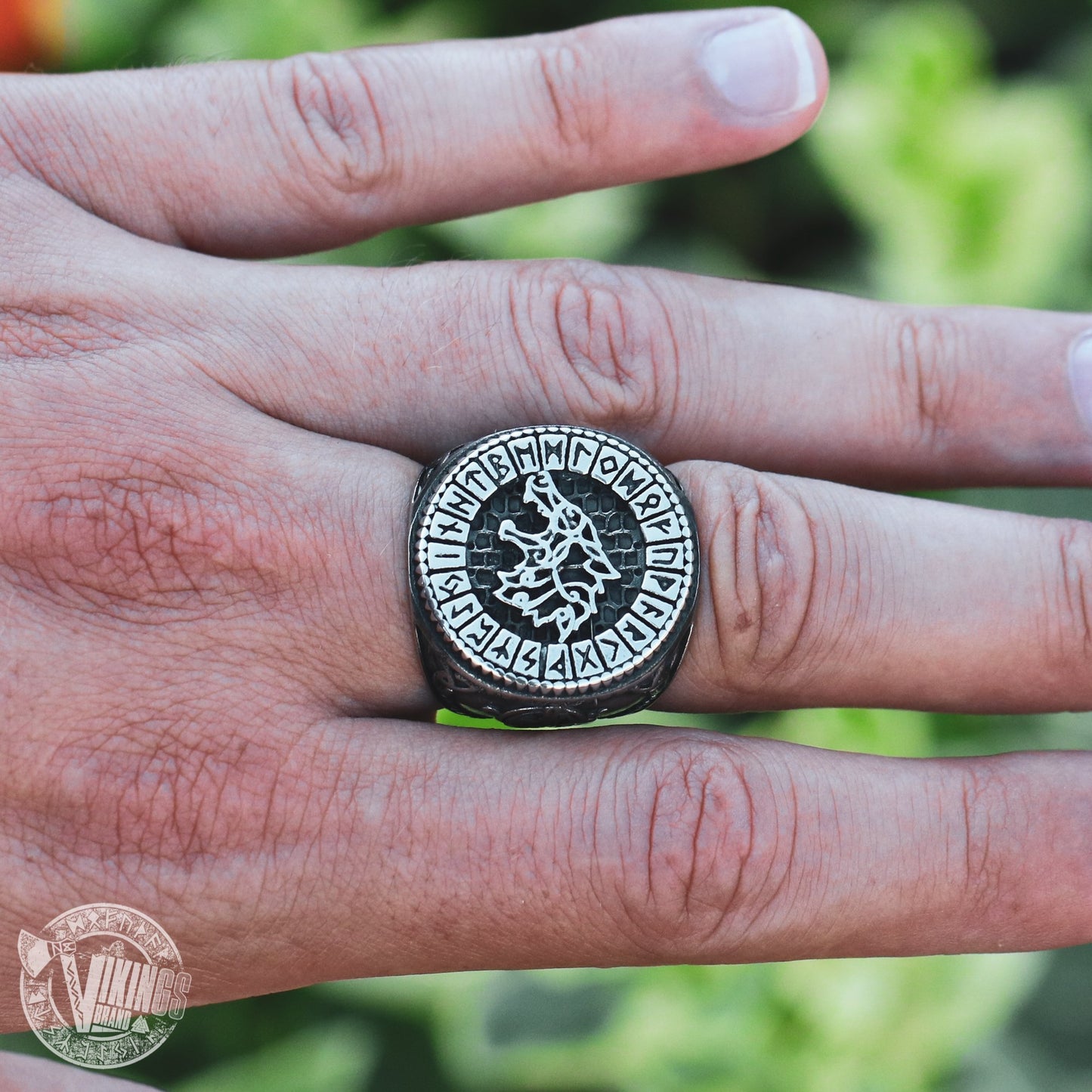 Viking Wolf Fenrir Stainless Steel Ring with Runic Circle - VikingsBrand