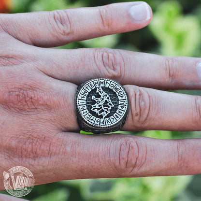 Viking Wolf Fenrir Stainless Steel Ring with Runic Circle - VikingsBrand