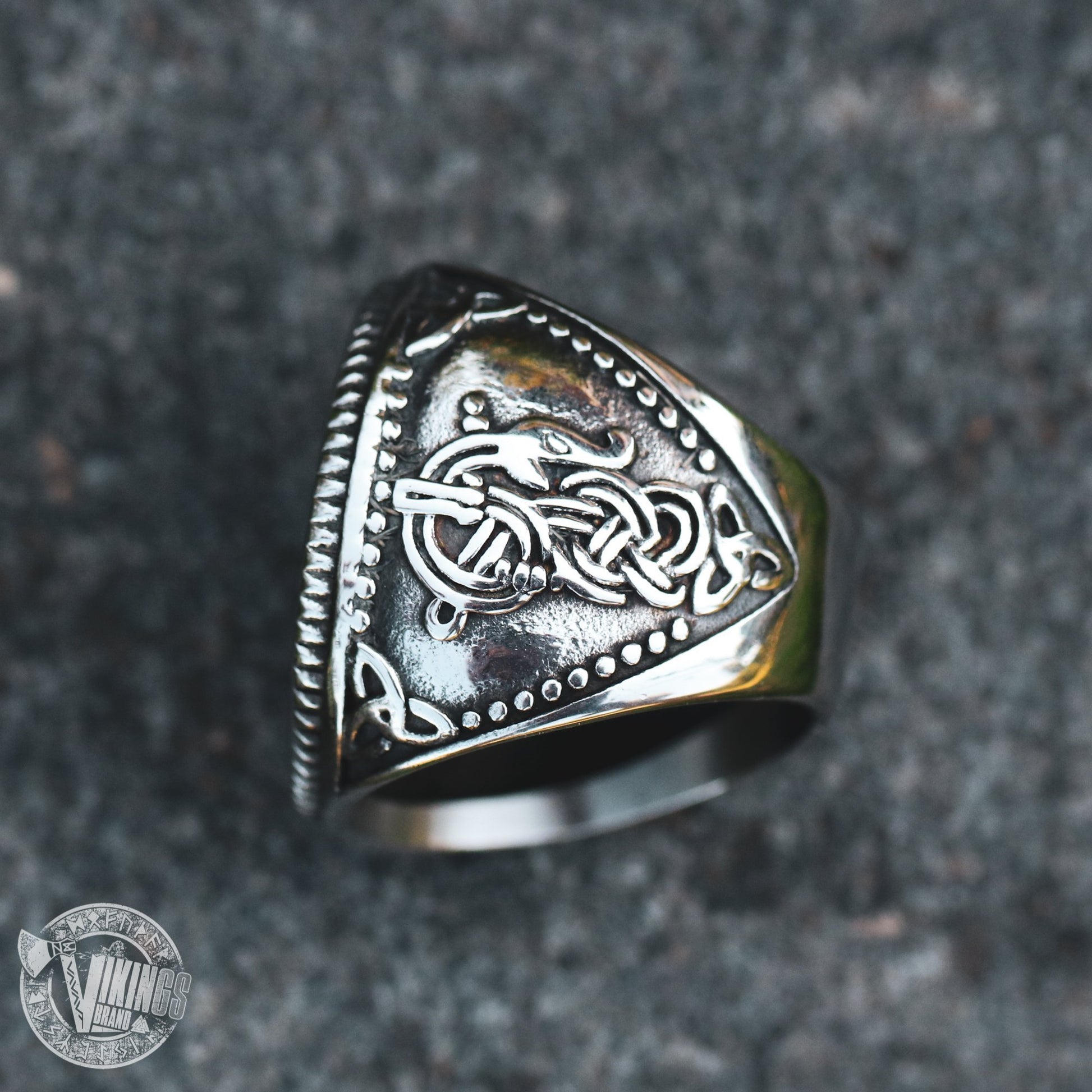 Viking Wolf Fenrir Stainless Steel Ring with Runic Circle - VikingsBrand