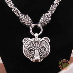 Wikinger-Halskette mit Wolfskopf und Bären-Anhänger aus 925er Sterlingsilber