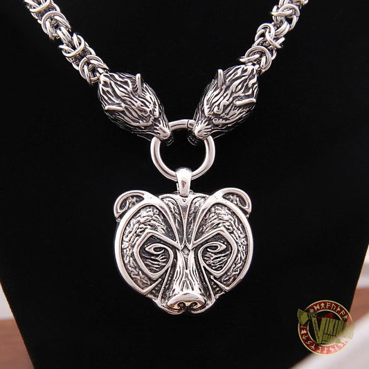 Viking Wolf Head Necklace with 925 Sterling Silver Bear Pendant - VikingsBrand