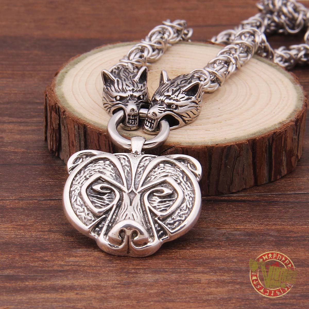 Viking Wolf Head Necklace with 925 Sterling Silver Bear Pendant - VikingsBrand
