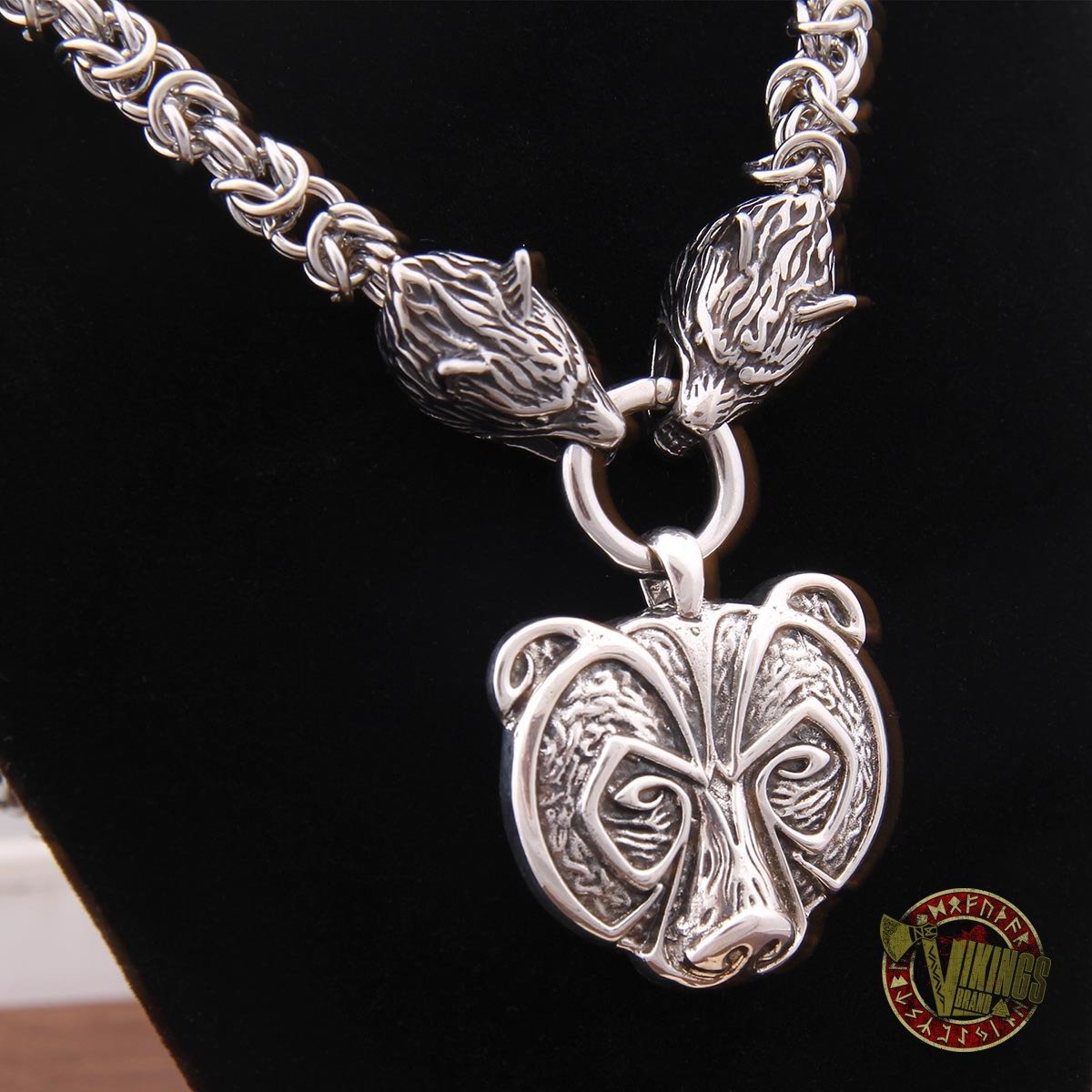 Viking Wolf Head Necklace with 925 Sterling Silver Bear Pendant - VikingsBrand